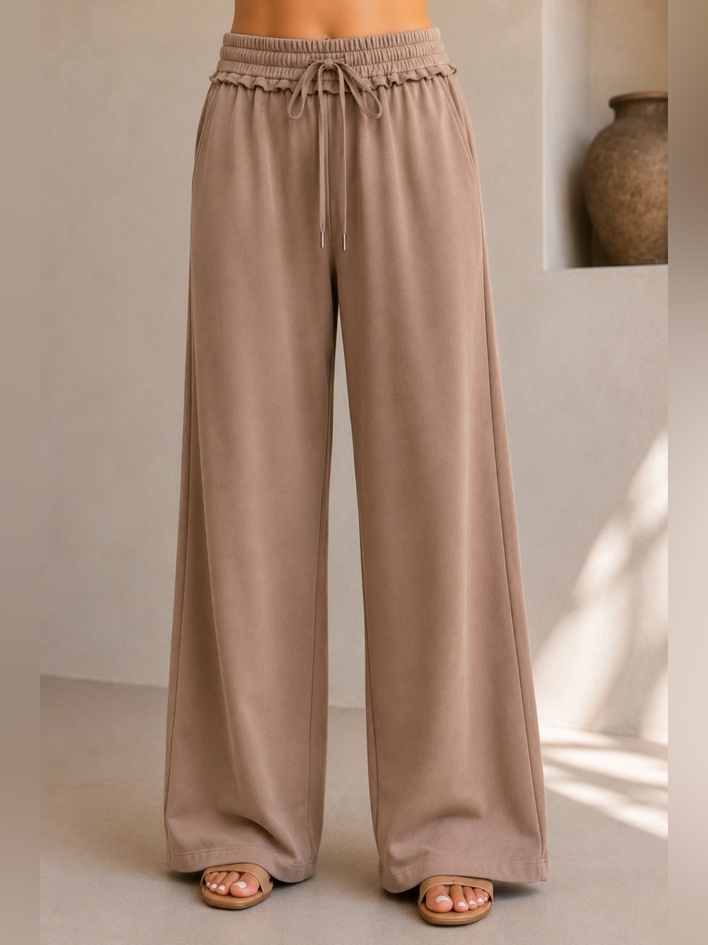 Elevated Wide Leg Drawstring Pants | Ash Mocha | SM130